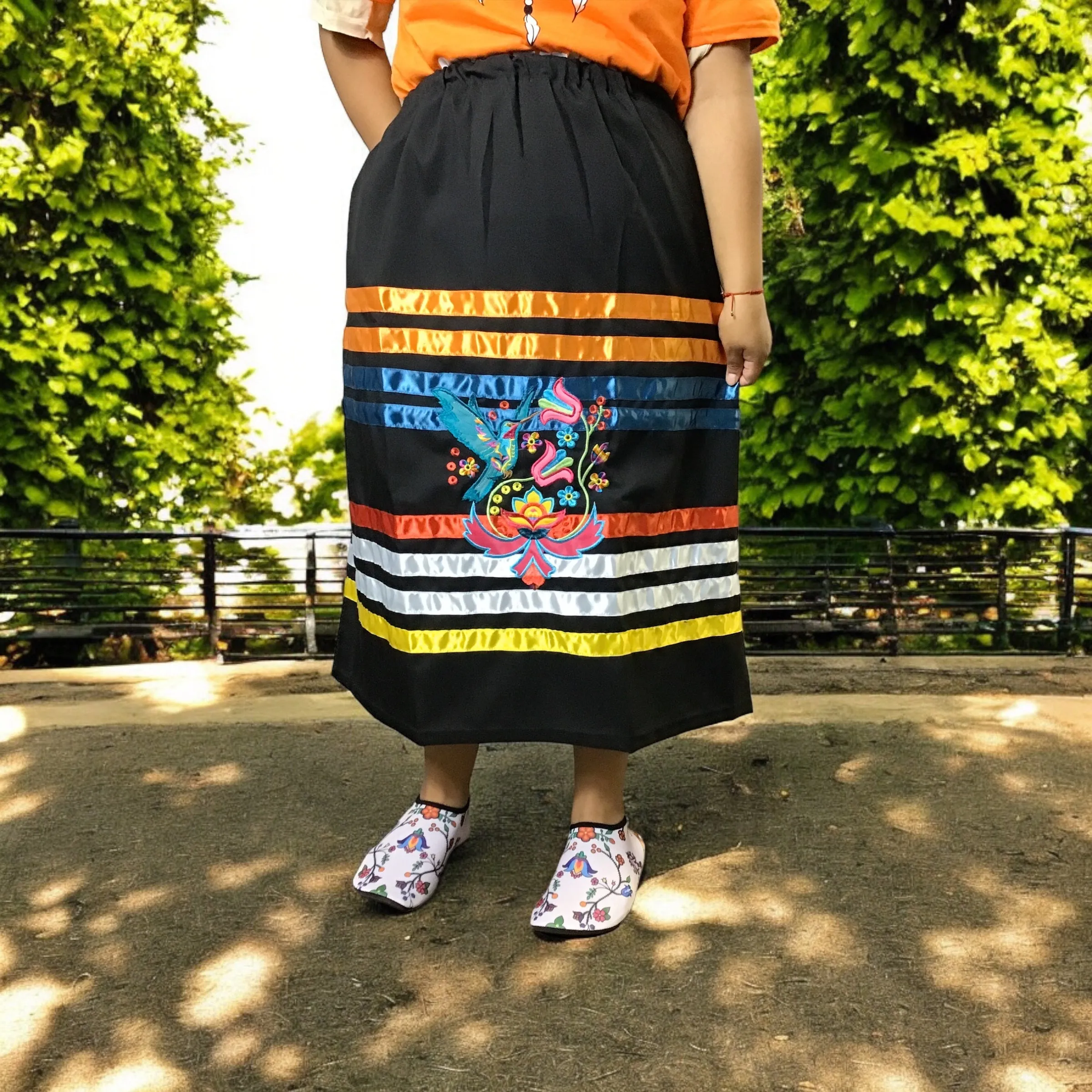 Ribbon Skirt with Hummingbird and Flower