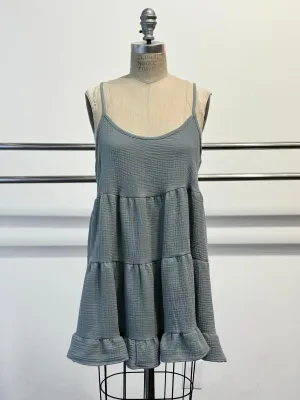 Riptide Linen Tiered Ruffle Dress in Blue/Grey