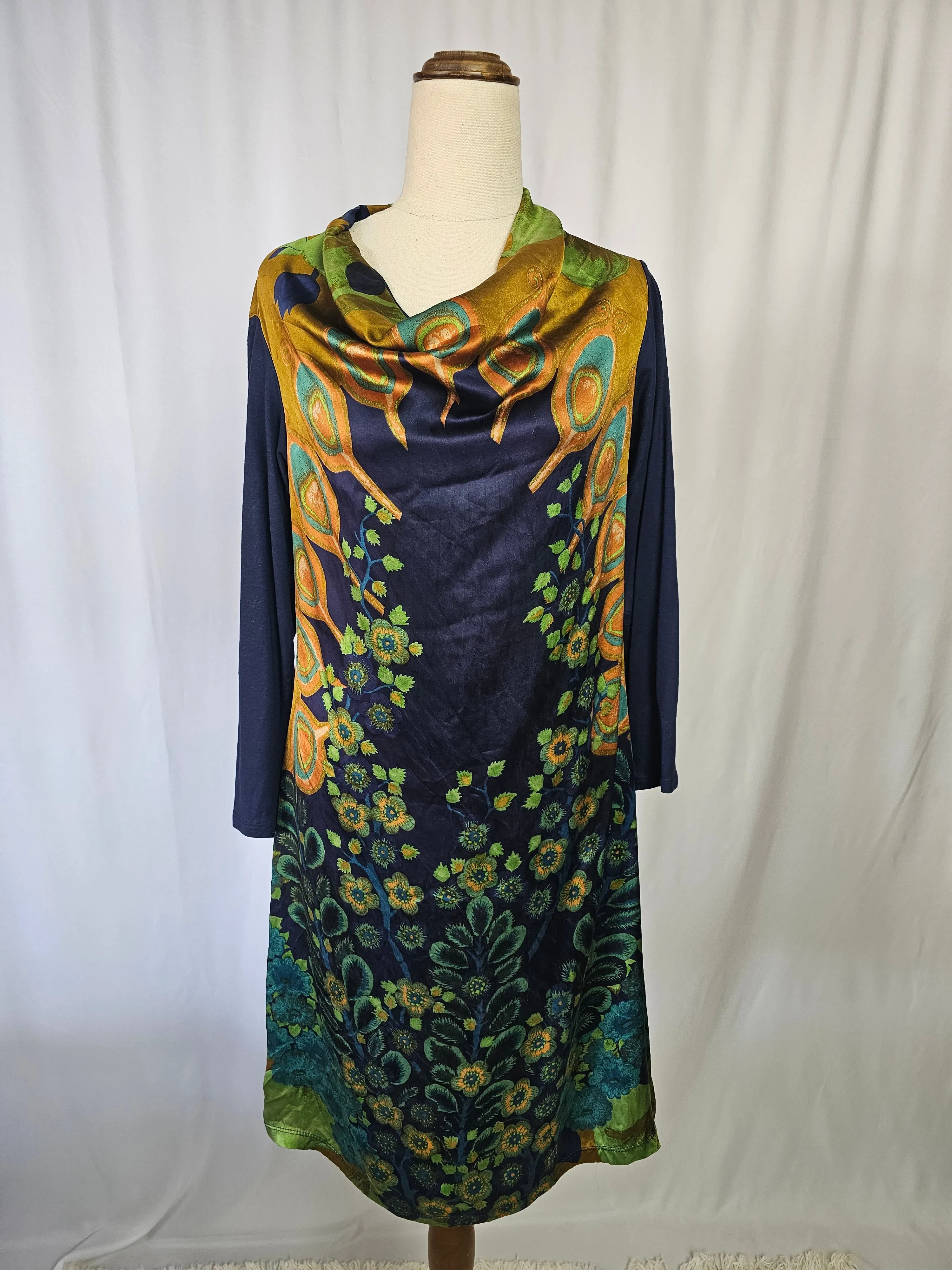 Ritu Kumar Silk Blend Dress – Bold and Elegant Statement Piece with floral & peacock design.