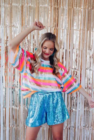 Ritzy Striped Sequin Oversized Cropped Top - Multi