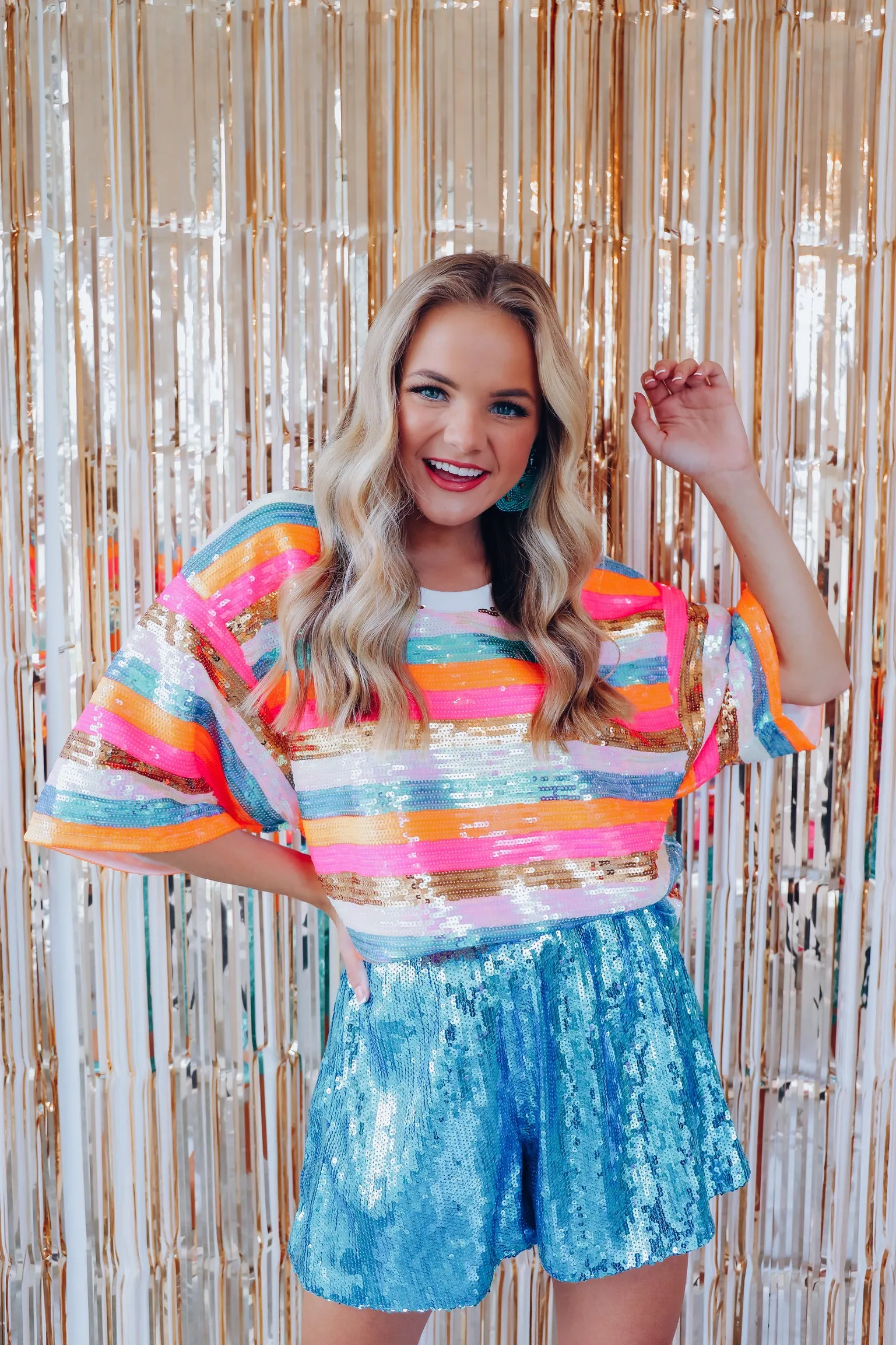 Ritzy Striped Sequin Oversized Cropped Top - Multi