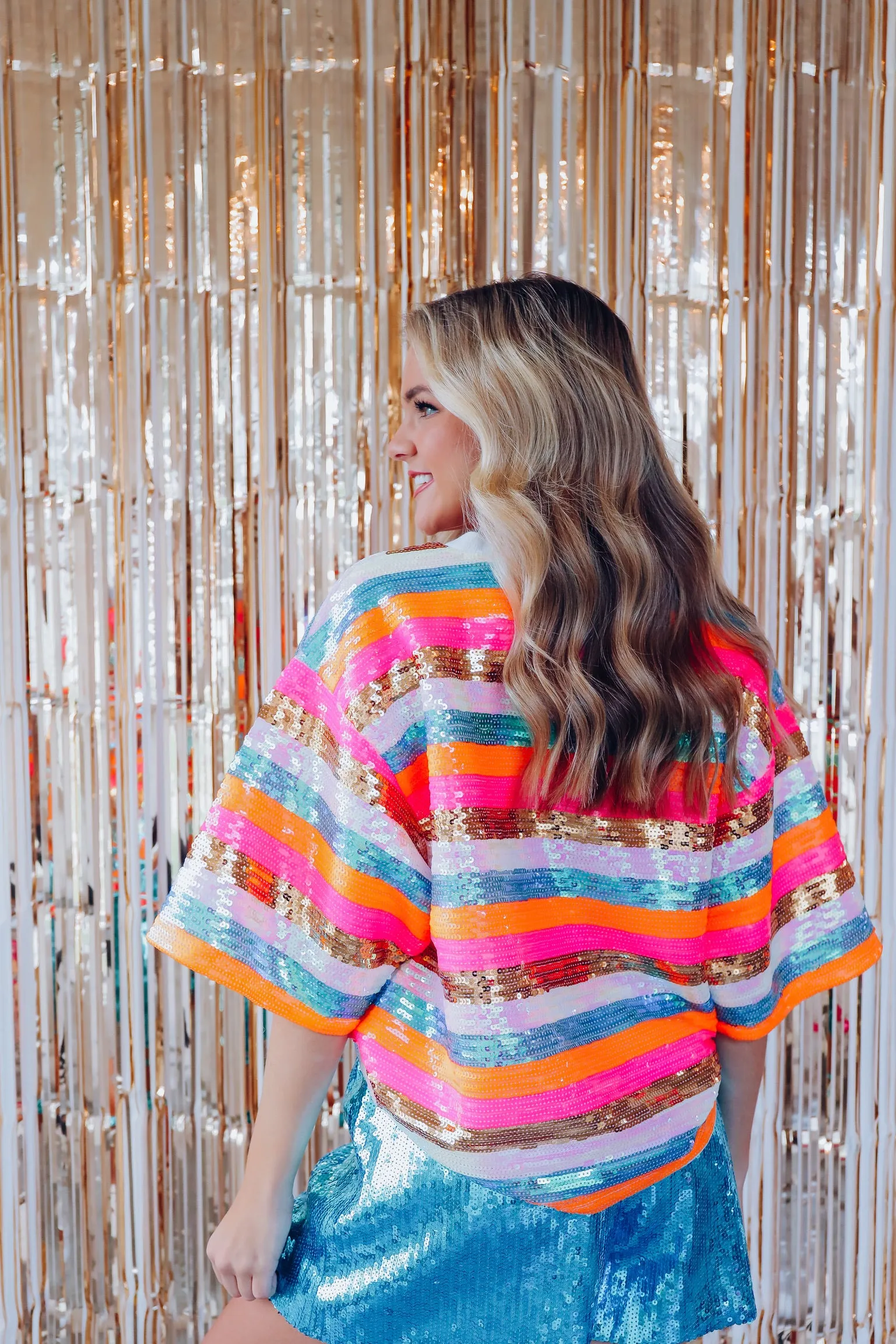 Ritzy Striped Sequin Oversized Cropped Top - Multi