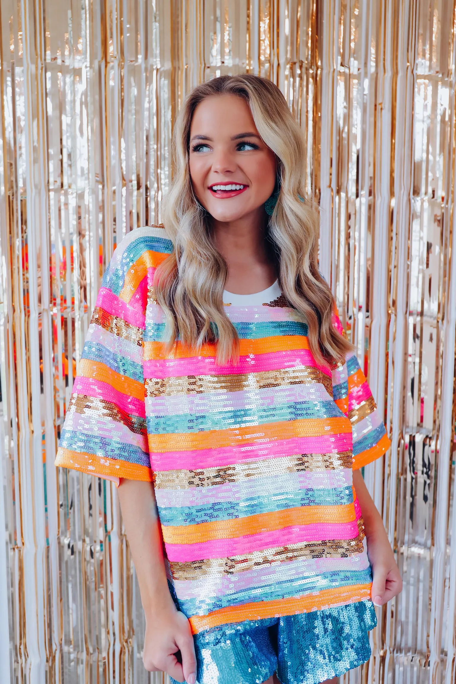 Ritzy Striped Sequin Oversized Cropped Top - Multi