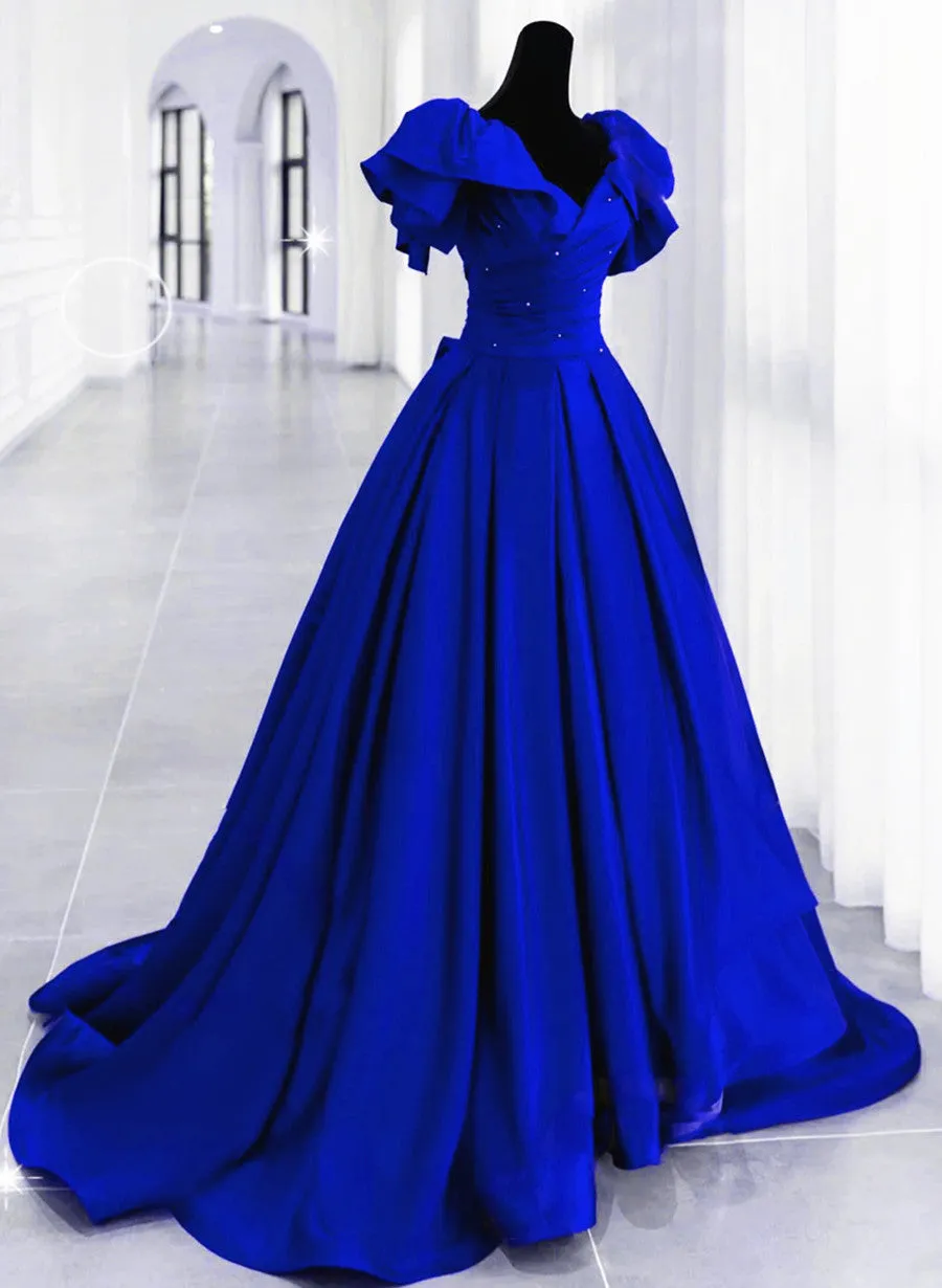 Royal Blue Satin Long Sweetheart Party Dress, Blue Satin Prom Dress