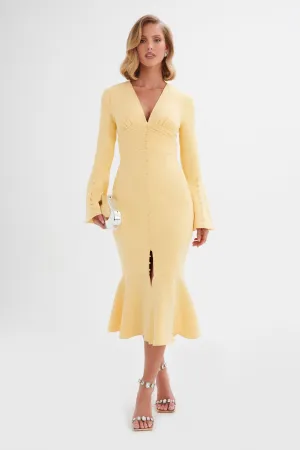 SALMA Fluted Sleeve Longline Fishtail Midi Dress In Yellow