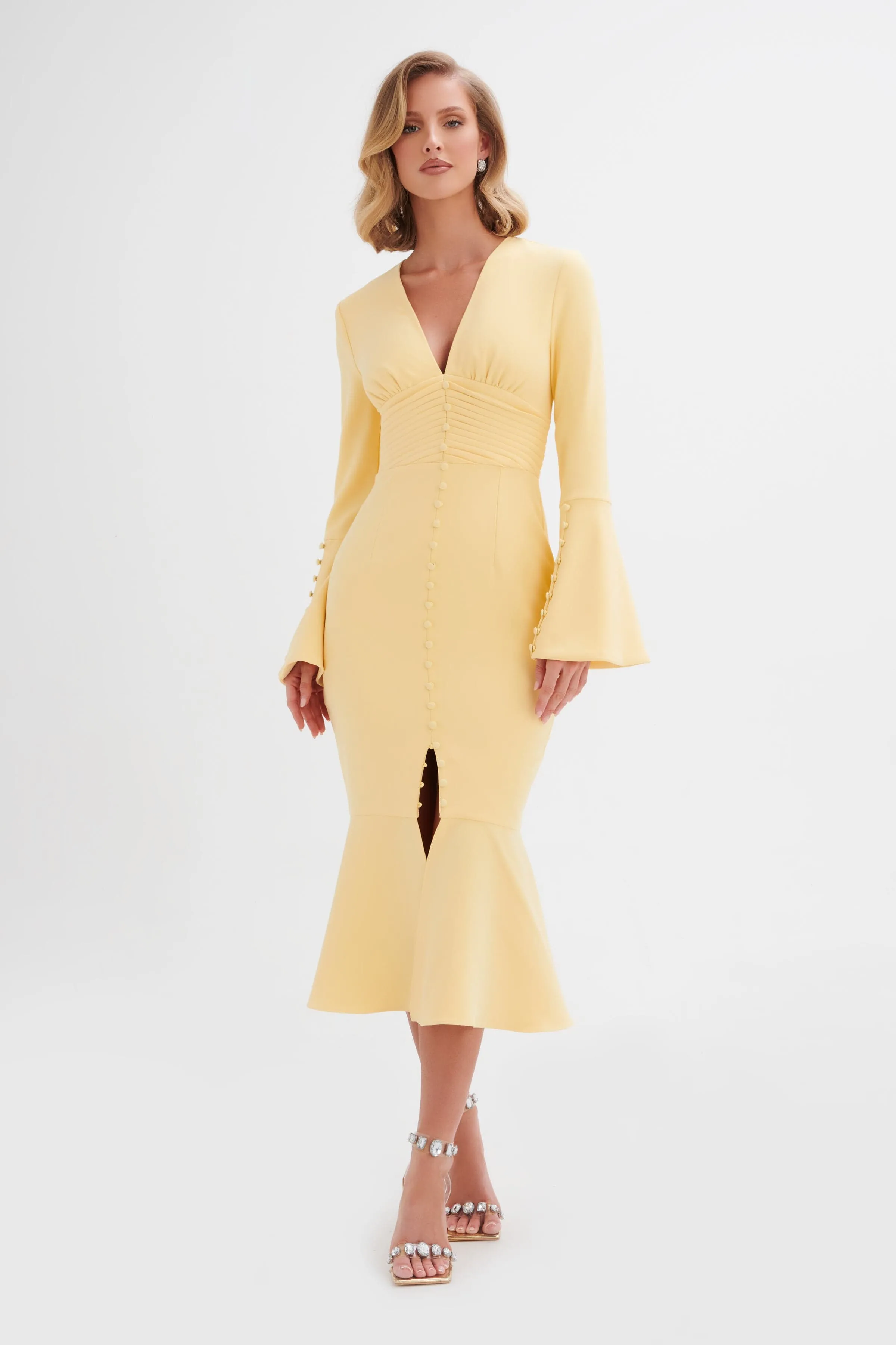 SALMA Fluted Sleeve Longline Fishtail Midi Dress In Yellow