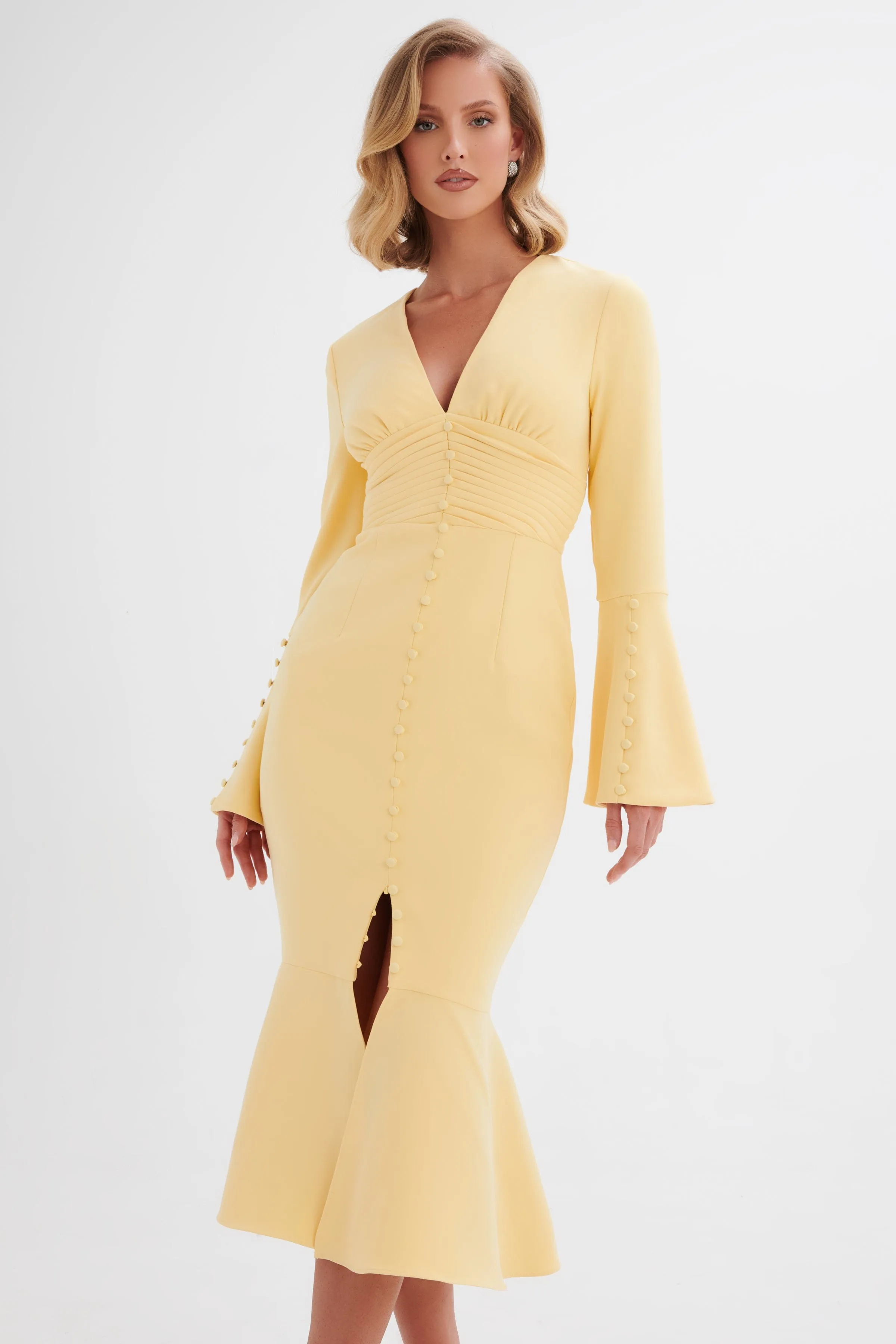 SALMA Fluted Sleeve Longline Fishtail Midi Dress In Yellow