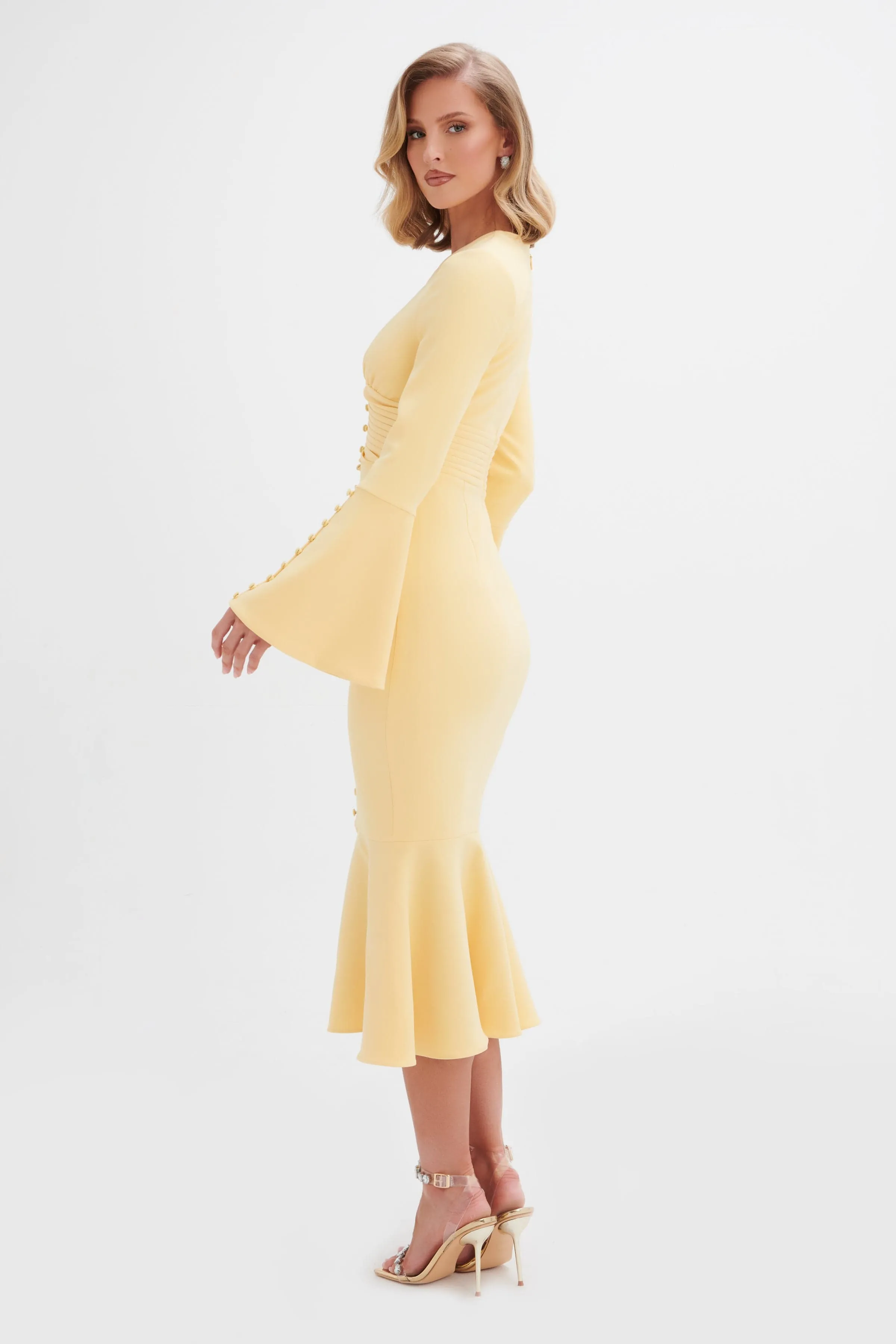 SALMA Fluted Sleeve Longline Fishtail Midi Dress In Yellow