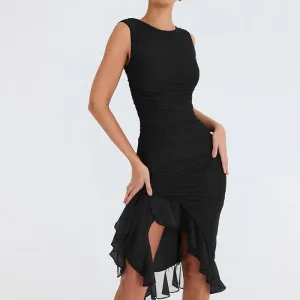 Sexy Mesh Ruched Crew Neck Sleeveless Bodycon Ruffle Cocktail Midi Dress - Black