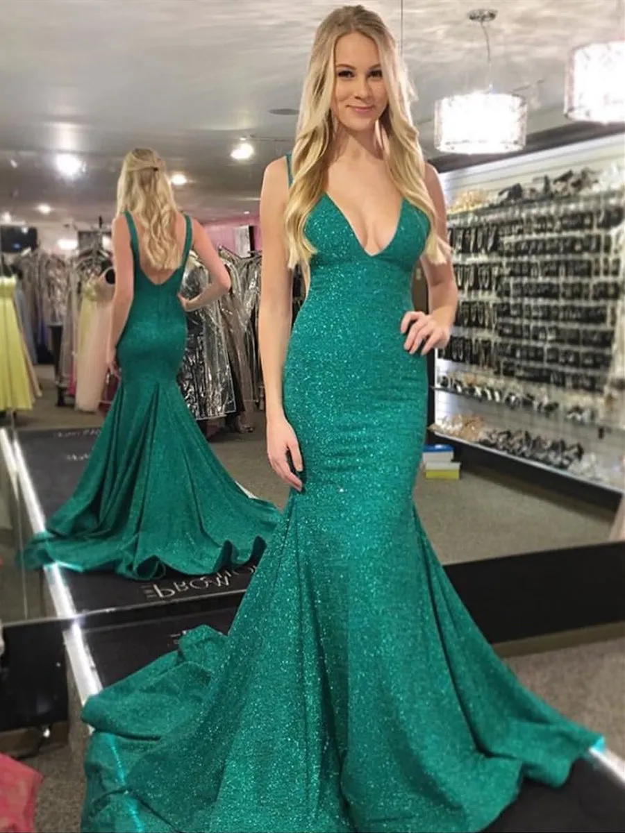 Shiny Mermaid V Neck Backless Green Prom with Train, Green Mermaid Formal, Evening