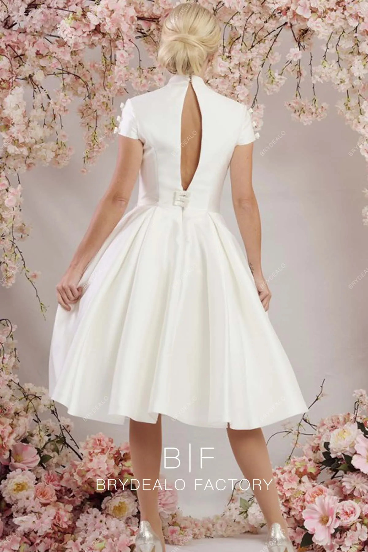 Short Sleeves Keyhole Neck Custom Satin Short Tea Length Bridal Dress