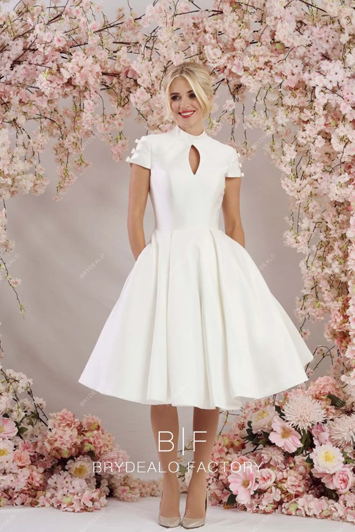 Short Sleeves Keyhole Neck Custom Satin Short Tea Length Bridal Dress