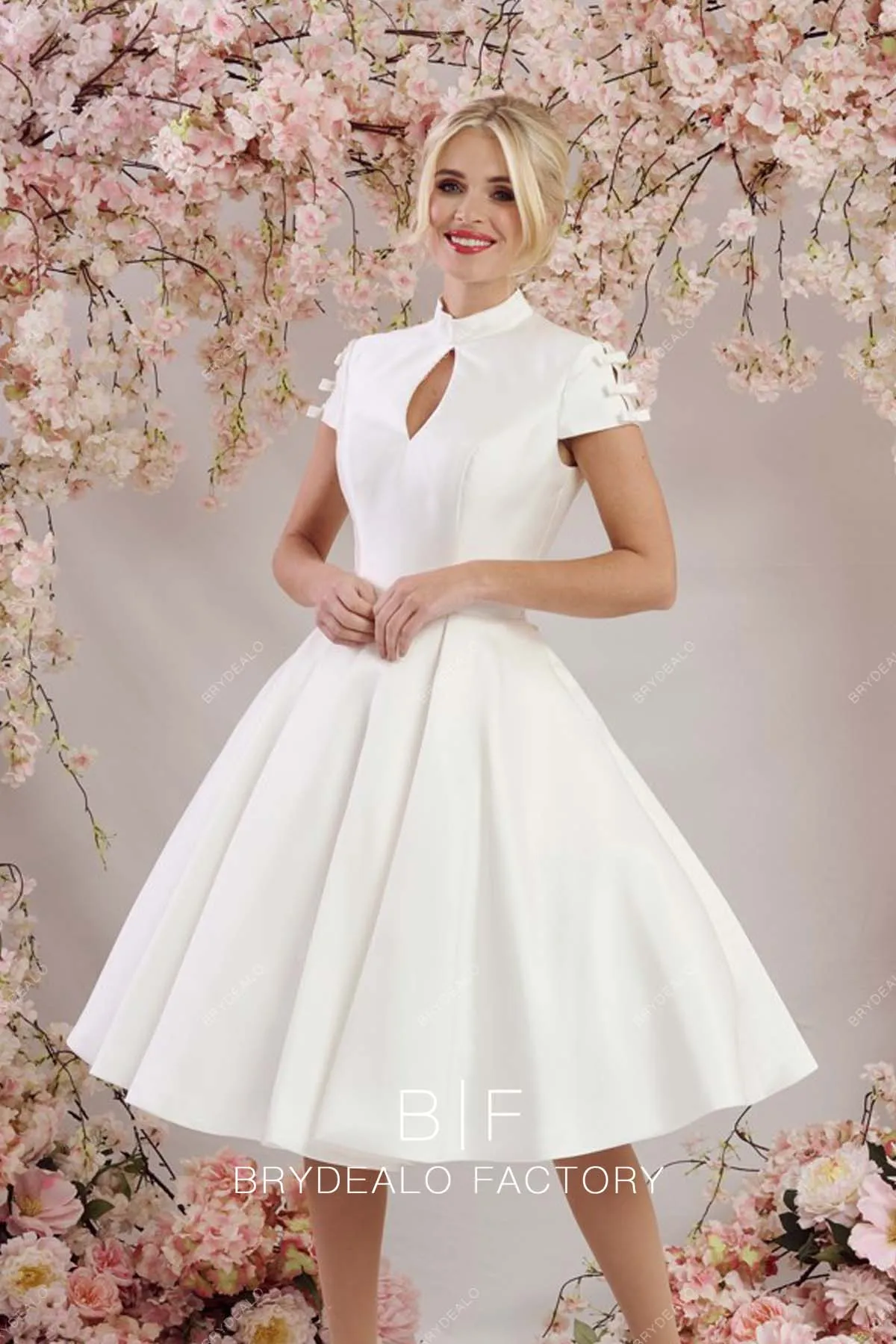 Short Sleeves Keyhole Neck Custom Satin Short Tea Length Bridal Dress