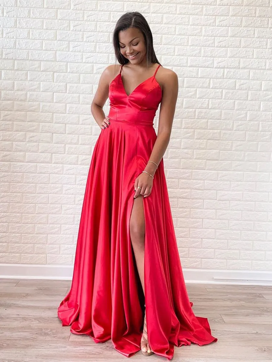 Simple A Line V Neck Red Satin Long Prom with Slit, V Neck Red Formal, Red Evening