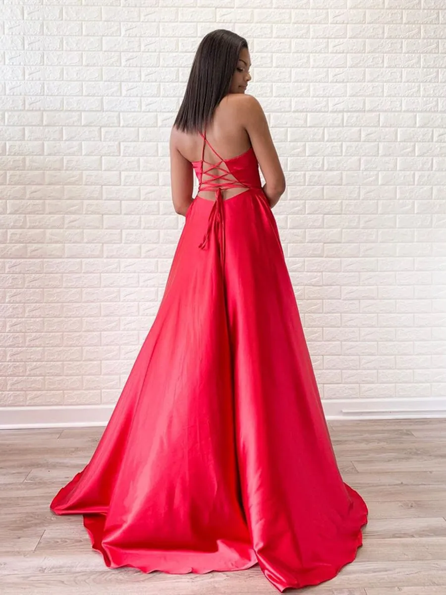 Simple A Line V Neck Red Satin Long Prom with Slit, V Neck Red Formal, Red Evening