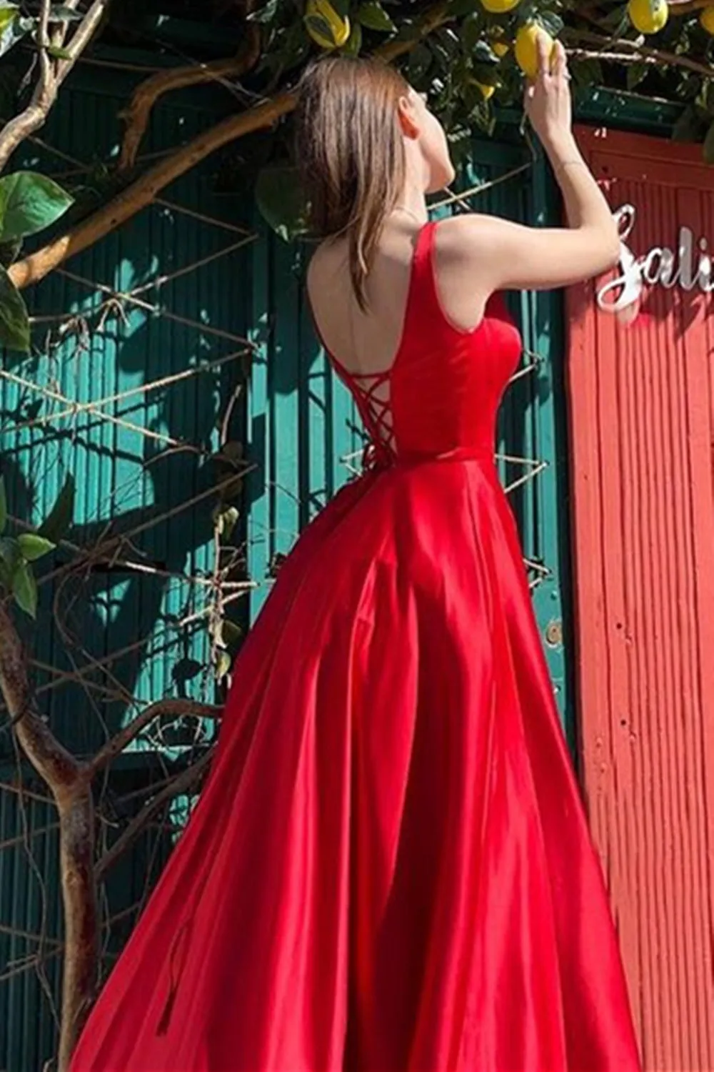 Simple Red Satin High Slit Long Prom Dress, Long Red Formal Evening Dress