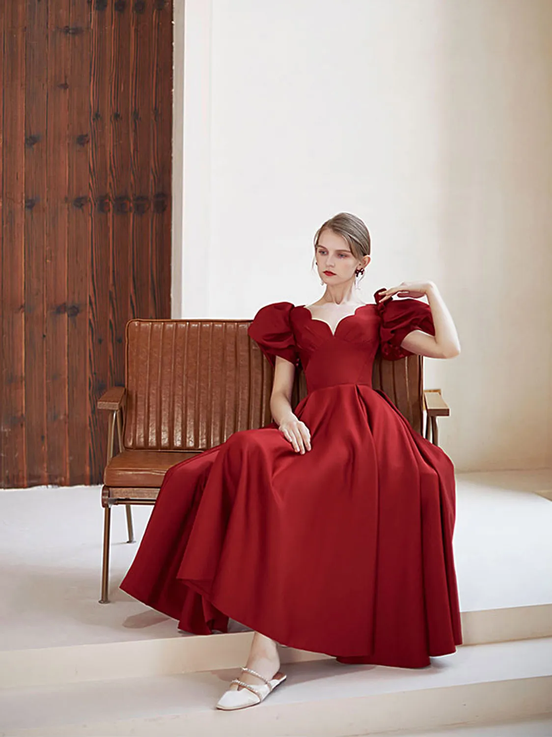 Simple v neck burgundy satin tea length prom dress burgundy evening dress