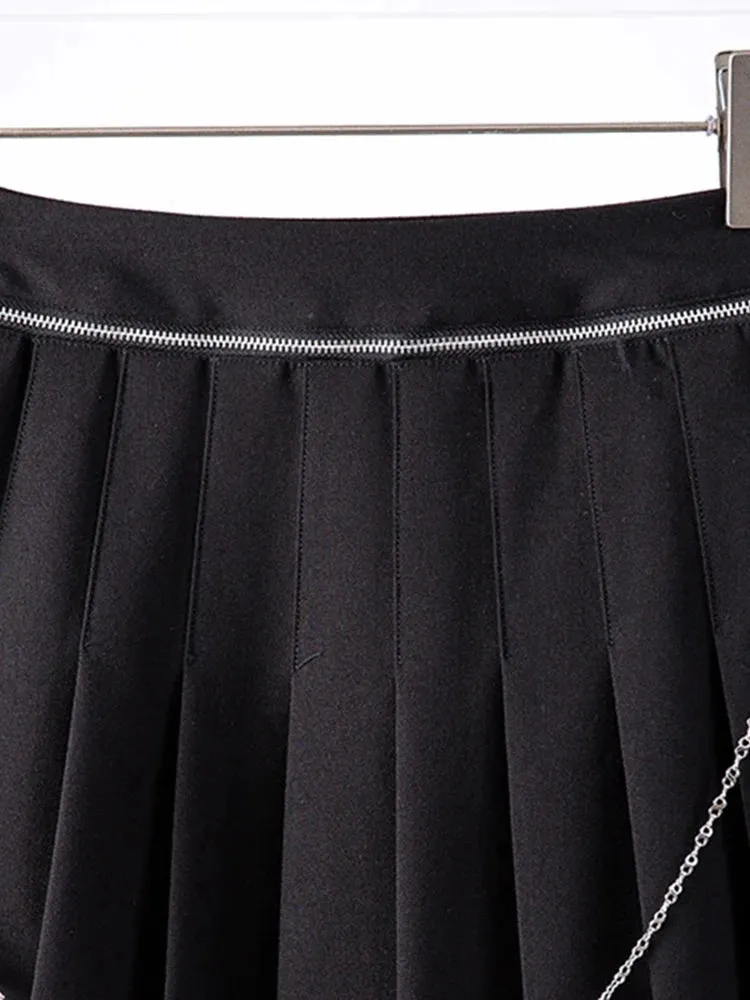 Solid Patchwork Metal Chain Chic Skirt For Women High Waist Spliced Pleated Streetwear A Line Skirts Female Fashion