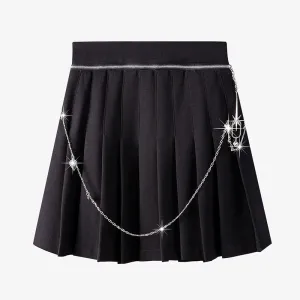 Solid Patchwork Metal Chain Chic Skirt For Women High Waist Spliced Pleated Streetwear A Line Skirts Female Fashion