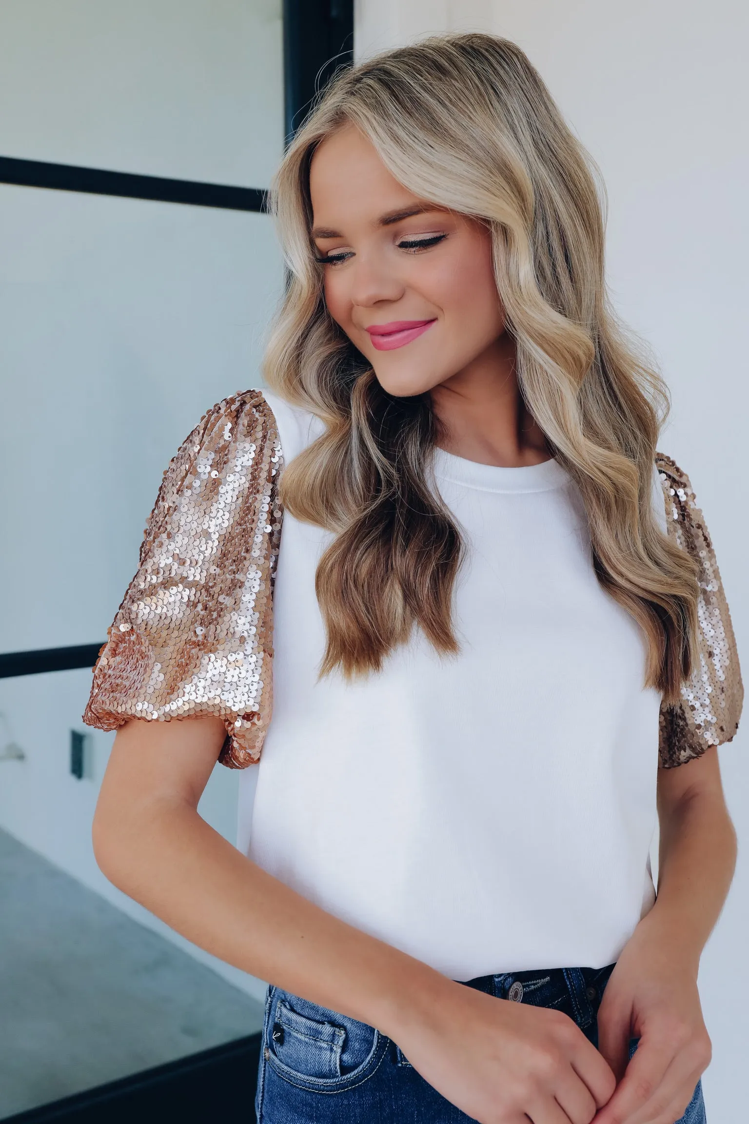 Sparkling Puff Sleeve Sequin Top - Gold