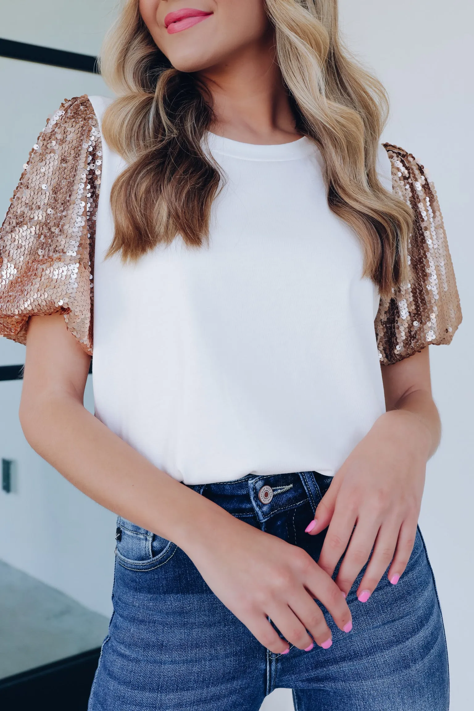 Sparkling Puff Sleeve Sequin Top - Gold