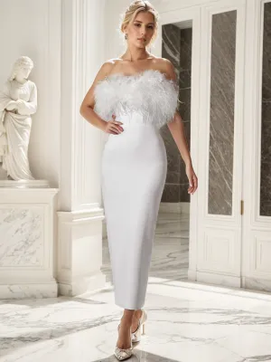 Strapless Ostrich Feather Satin Pencil Skirt tea length Cocktail Dress