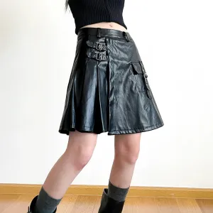 Streetwear Punk Black PU Leather Skirt Women Buckle Fold Fashion Party Pleated Skirt Gothic Dark Cargo Grunge Outfits