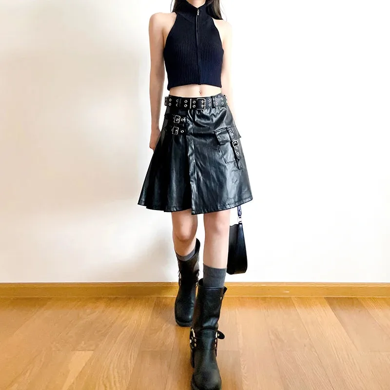 Streetwear Punk Black PU Leather Skirt Women Buckle Fold Fashion Party Pleated Skirt Gothic Dark Cargo Grunge Outfits