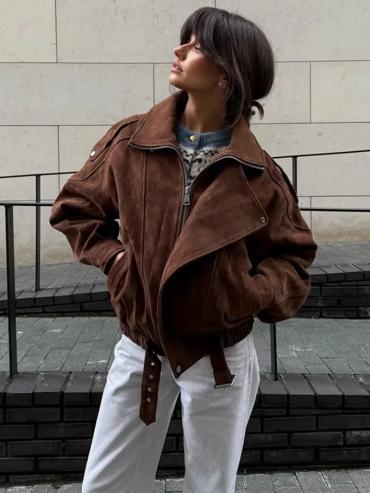 TAVIMART  -  Fashion Brown Maillard Lapel Suede Leather Jackets For Women Casual Long Sleeve Zipper Pockets Coats Lady High Streetwear