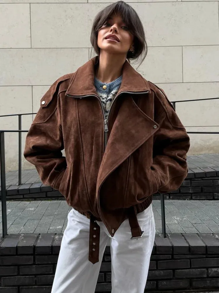 TAVIMART  -  Fashion Brown Maillard Lapel Suede Leather Jackets For Women Casual Long Sleeve Zipper Pockets Coats Lady High Streetwear