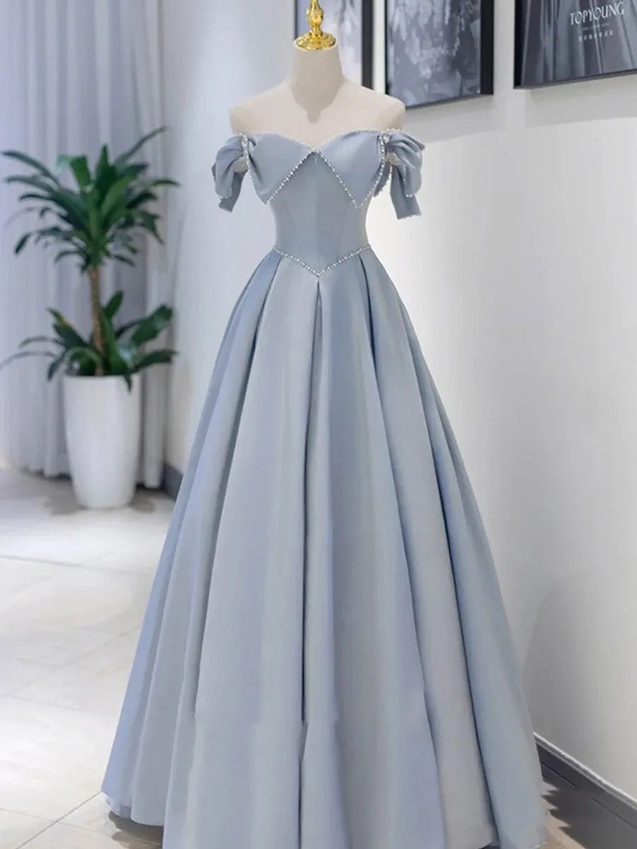 Unique Blue Satin Long Prom Dress, A line Blue Formal Graduation Party Dress