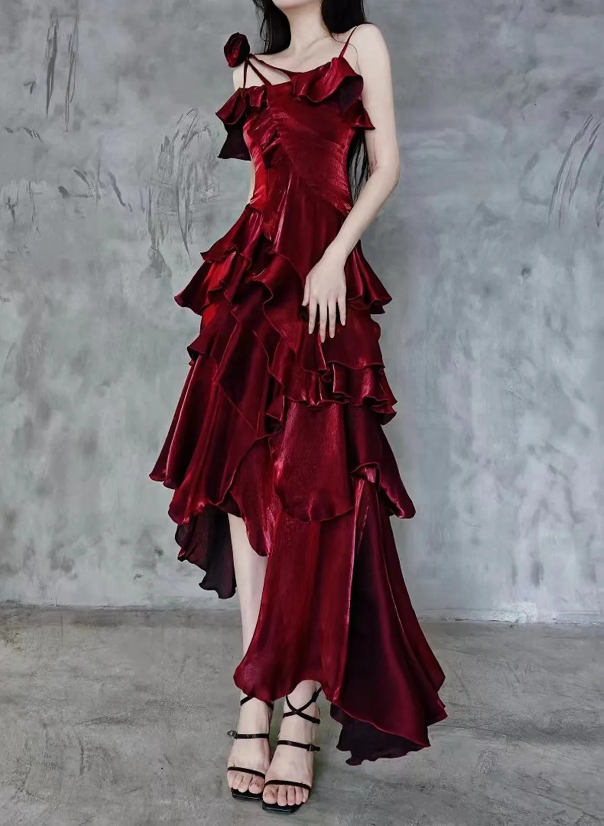 Wine Red High Low Satin Vintage Style Party Dress, Wine Red Long Prom Dress