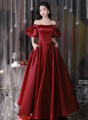 Wine Red Satin Beaded Puffy Sleeves Long Party Dress, Wine Red Long Prom Dress