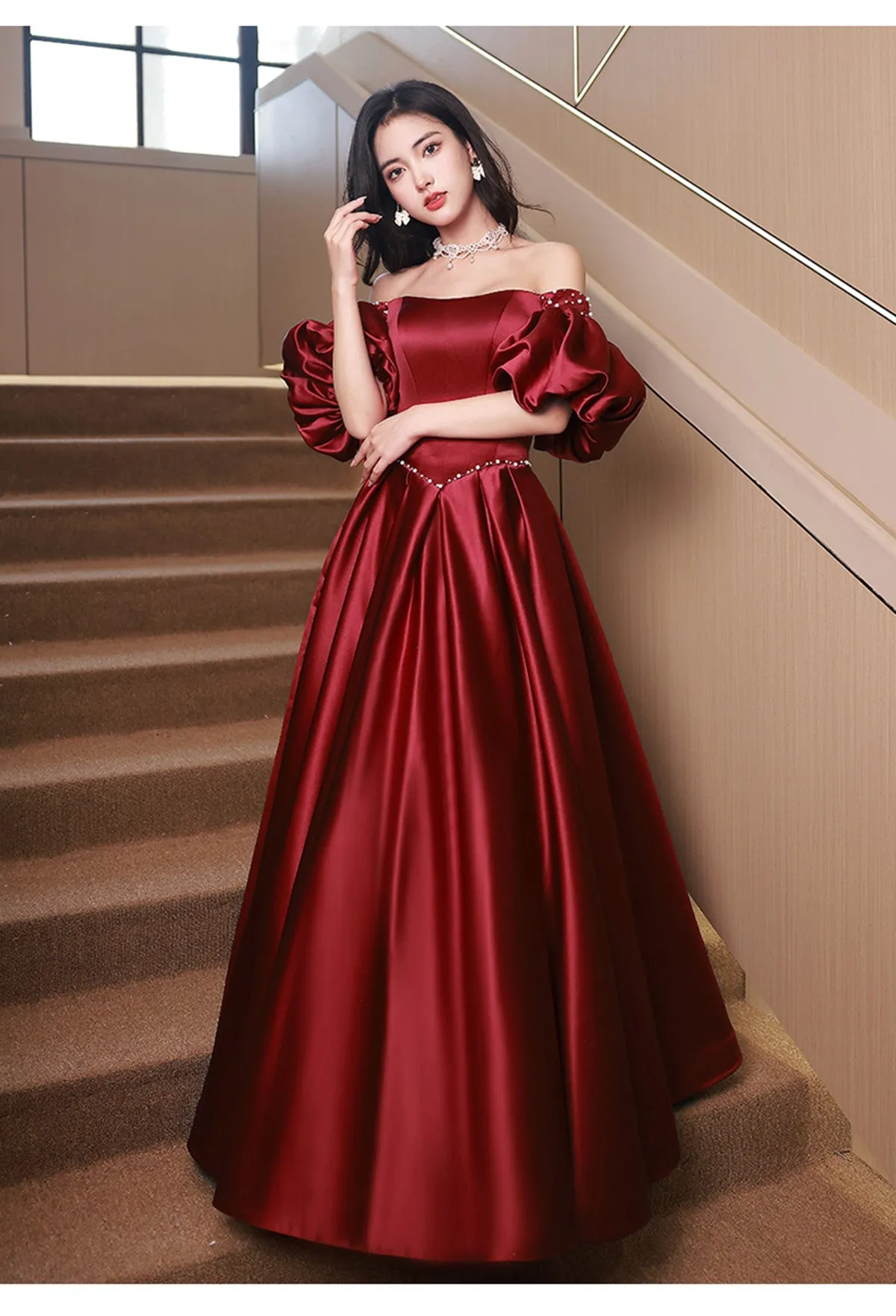 Wine Red Satin Beaded Puffy Sleeves Long Party Dress, Wine Red Long Prom Dress