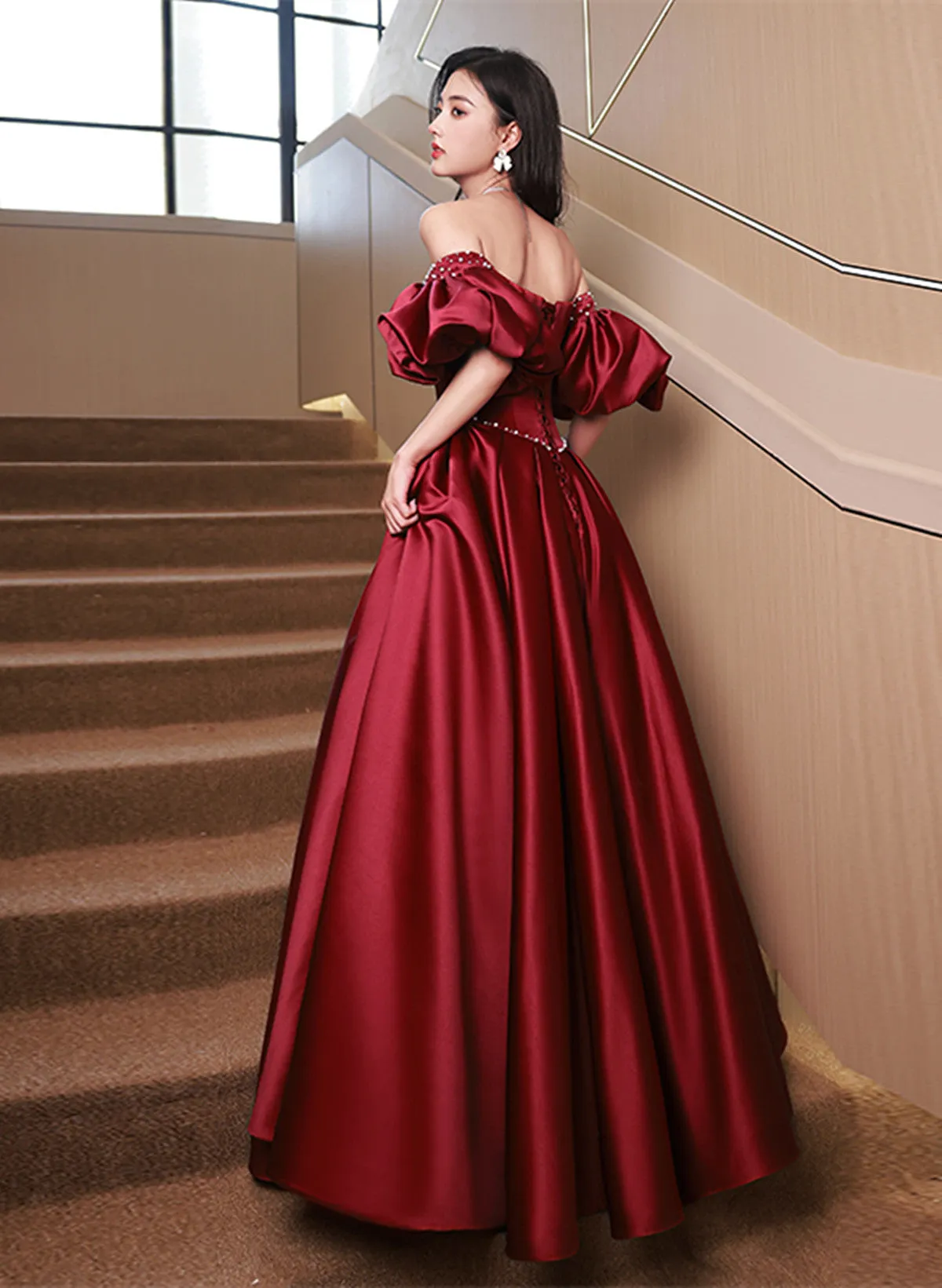 Wine Red Satin Beaded Puffy Sleeves Long Party Dress, Wine Red Long Prom Dress