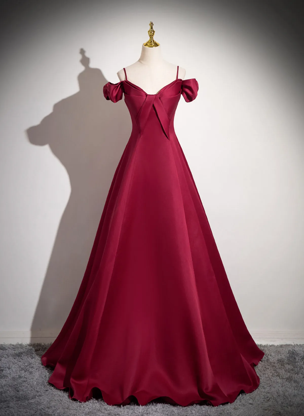 Wine Red Satin Straps Off Shoulder Party Dress, Wine Red Long Prom Dress