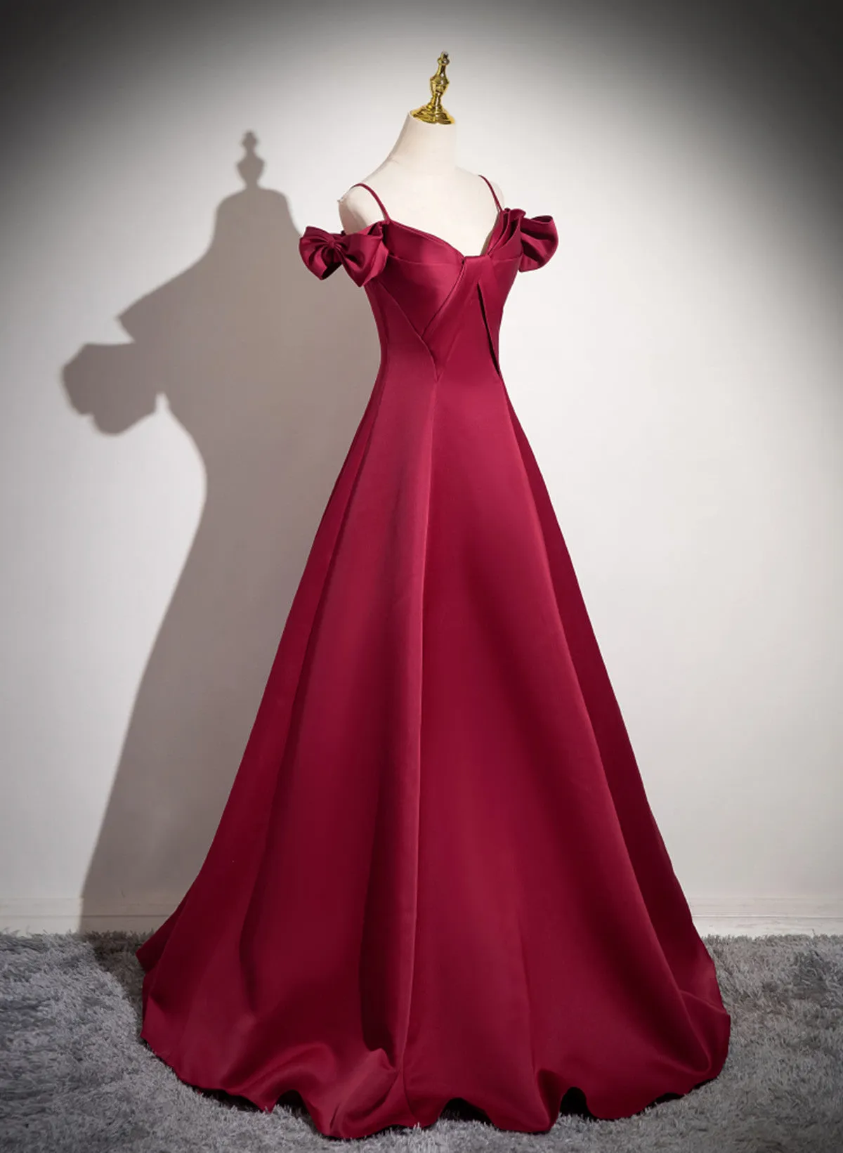 Wine Red Satin Straps Off Shoulder Party Dress, Wine Red Long Prom Dress