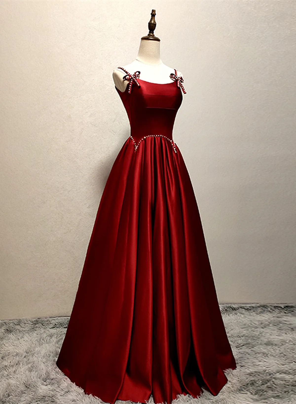 Wine Red Satin Straps Round Neckline Party Dress Wine Red Long Prom Dress