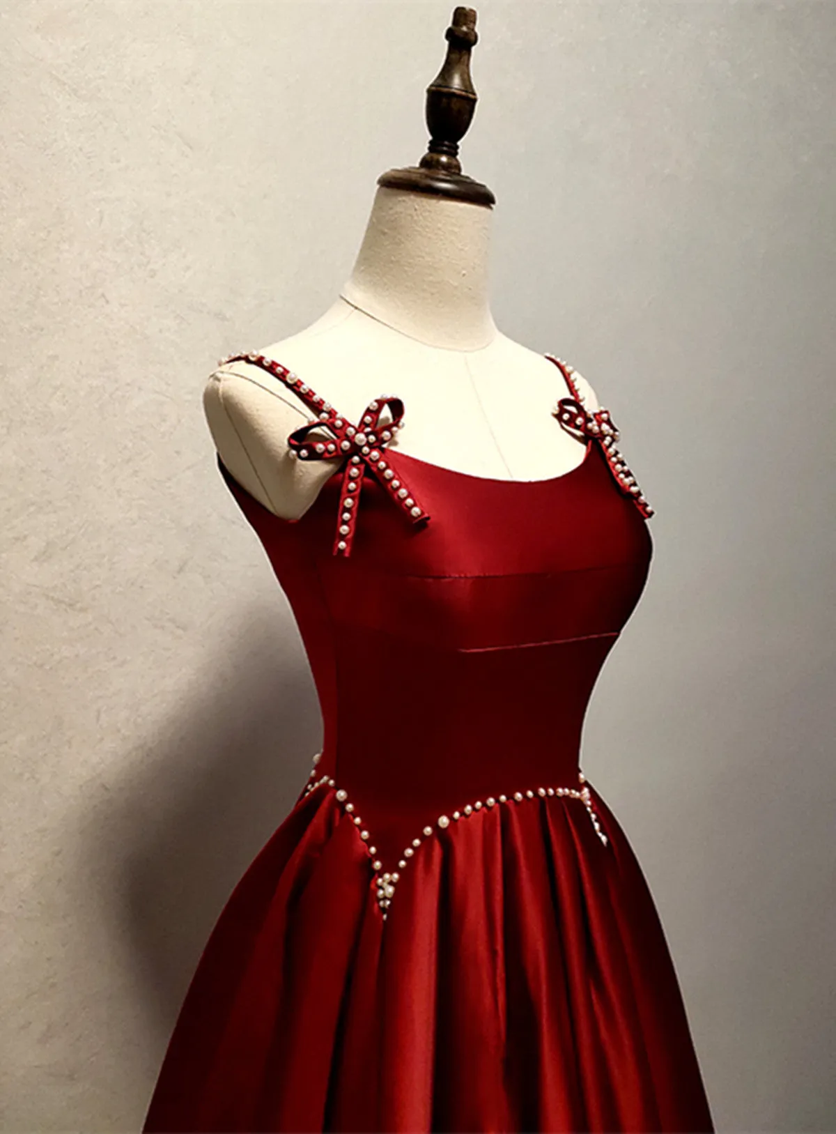 Wine Red Satin Straps Round Neckline Party Dress Wine Red Long Prom Dress