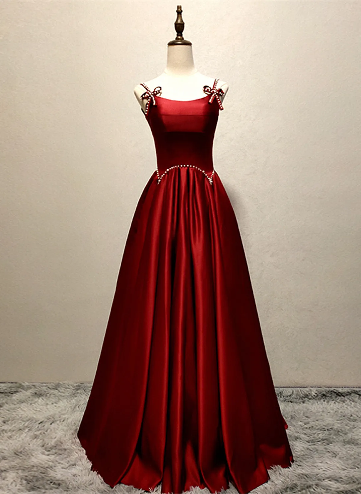 Wine Red Satin Straps Round Neckline Party Dress Wine Red Long Prom Dress