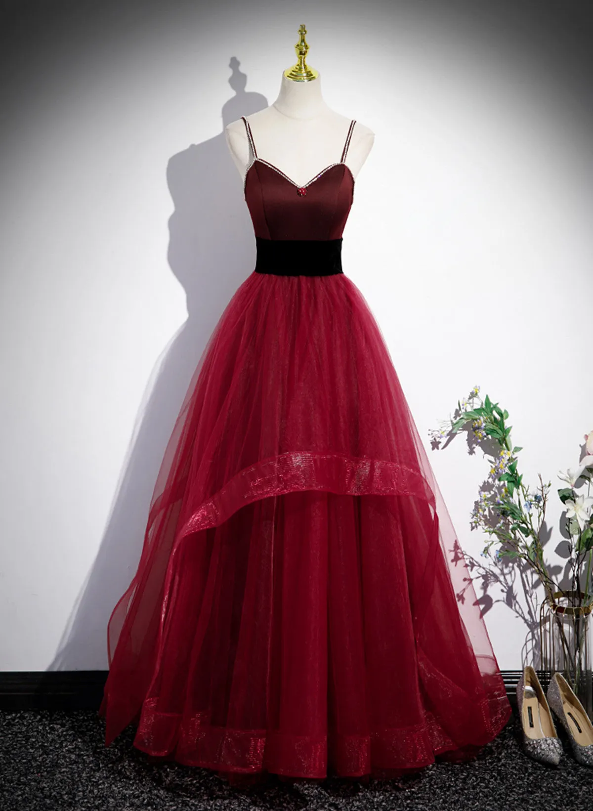 Wine Red Straps Beaded Sweetheart Tulle Formal Dress Wine Red A-Line Prom Dress