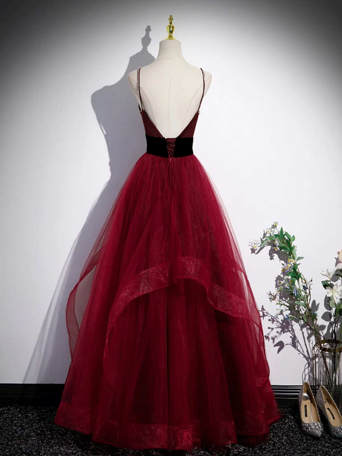 Wine Red Straps Beaded Sweetheart Tulle Formal Dress Wine Red A-Line Prom Dress