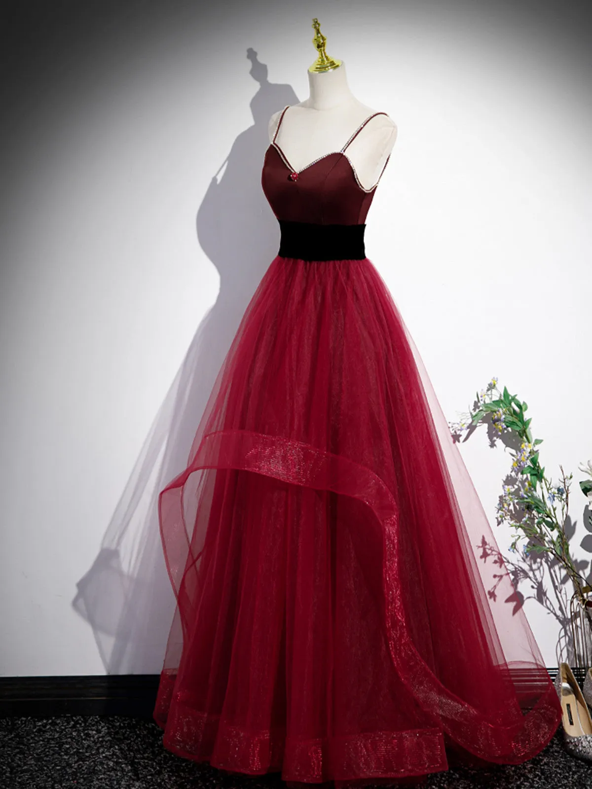 Wine Red Straps Beaded Sweetheart Tulle Formal Dress Wine Red A-Line Prom Dress