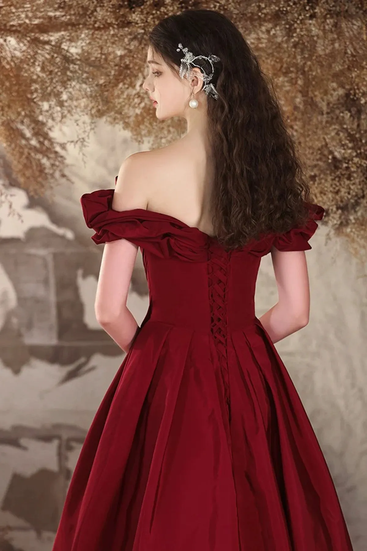 Wine Red Taffeta Long Evening Dress, Wine Red Off Shoulder Prom Dress