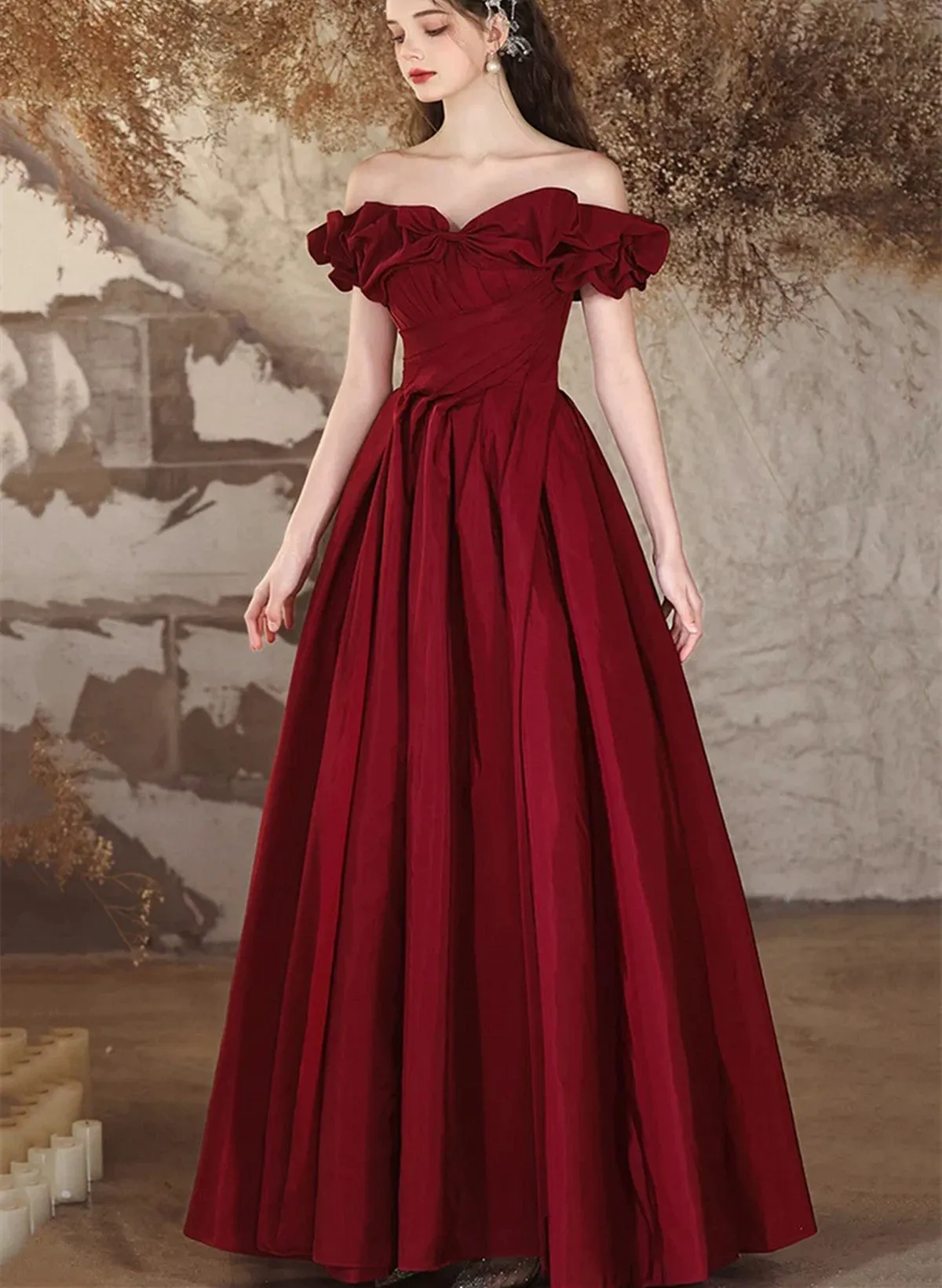 Wine Red Taffeta Long Evening Dress, Wine Red Off Shoulder Prom Dress