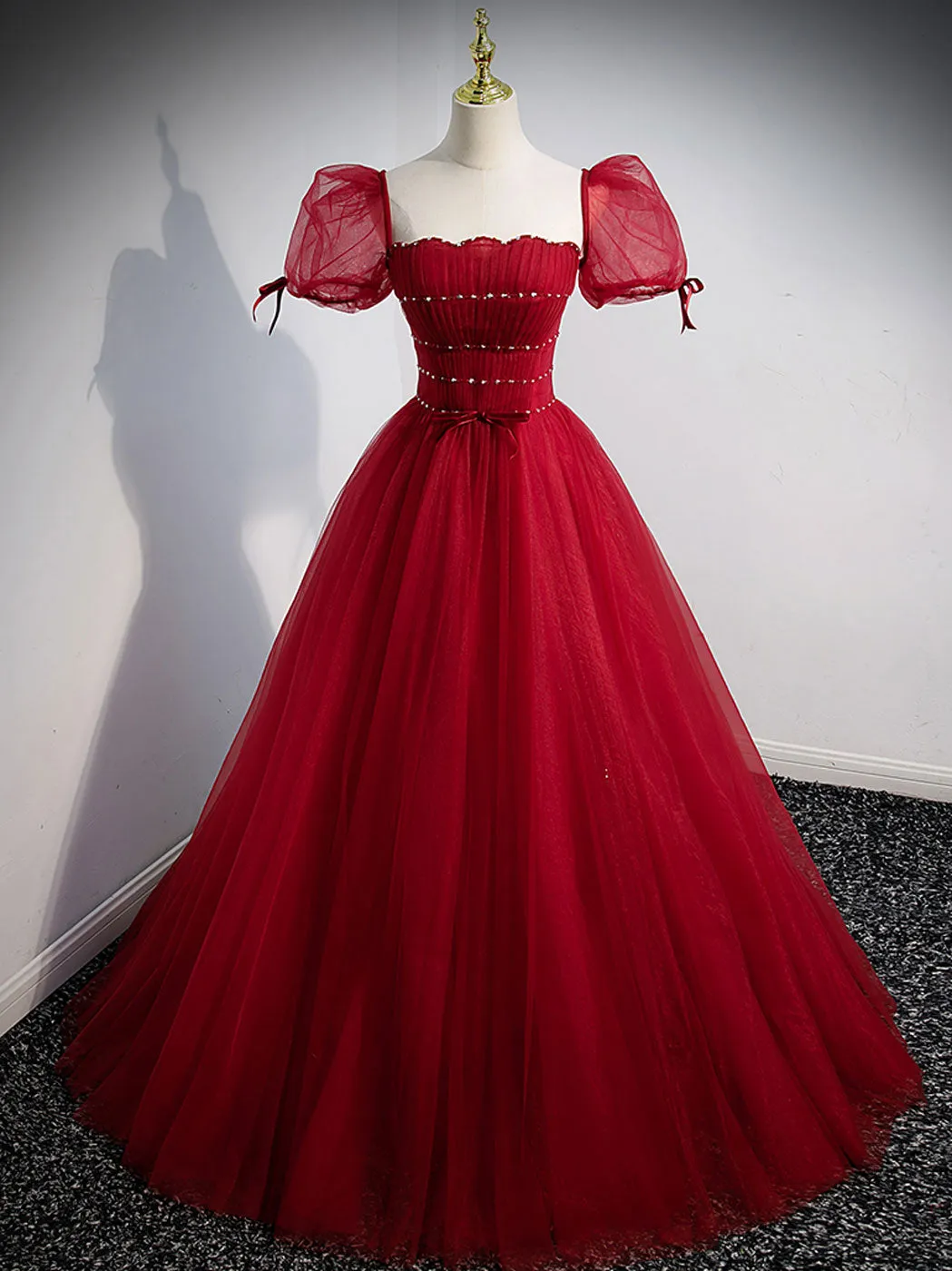 Wine Red Tulle A-line Beaded Long Prom Dress, Wine Red Formal Dress Party Dress