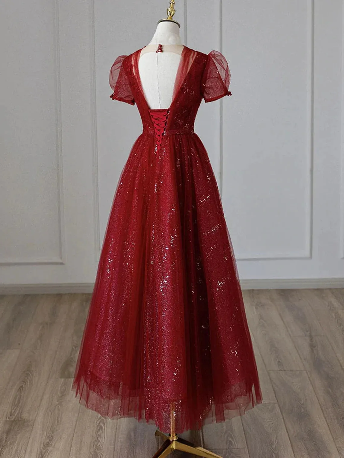 Wine Red Tulle Cap Sleeves Bridesmaid Dress Wine Red Long Prom Dress