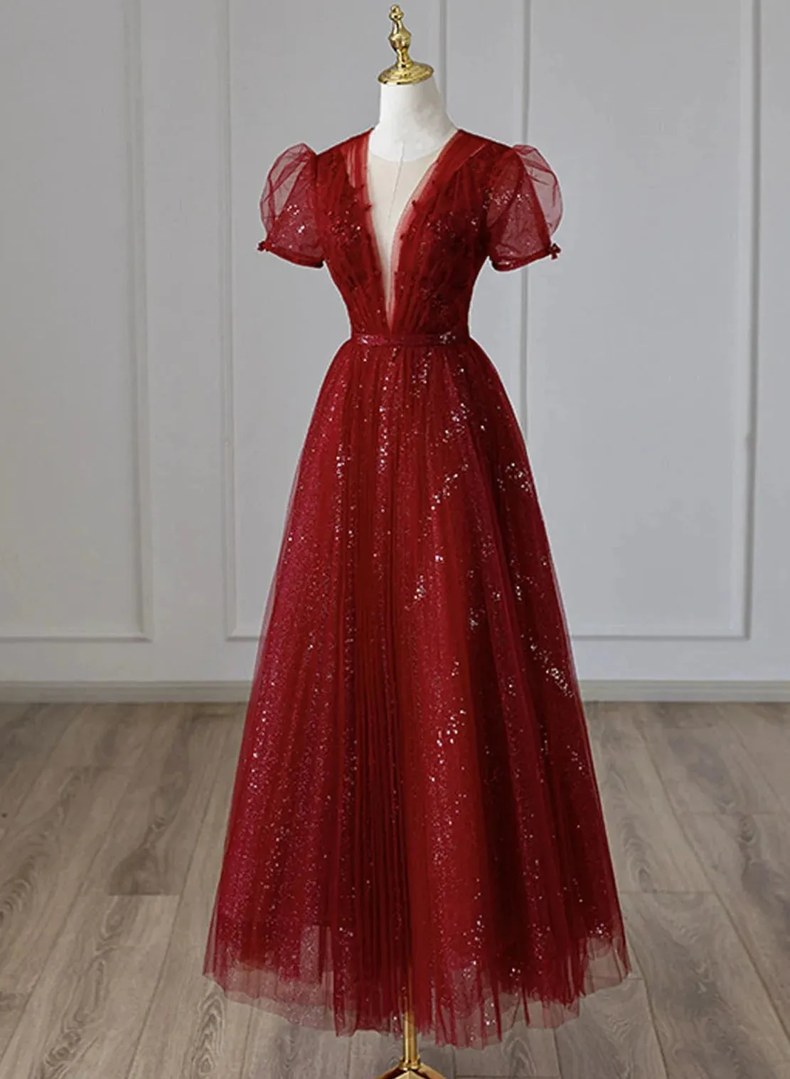 Wine Red Tulle Cap Sleeves Bridesmaid Dress Wine Red Long Prom Dress