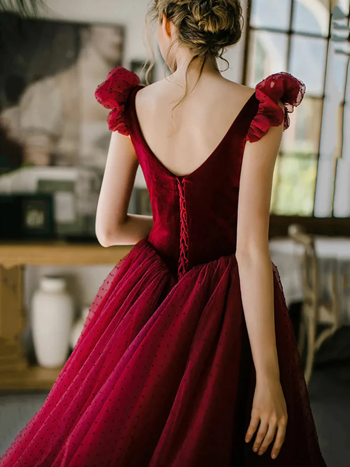 Wine Red Velvet and Tulle Low Back Party Dress, Wine Red Tea Length Prom Dress