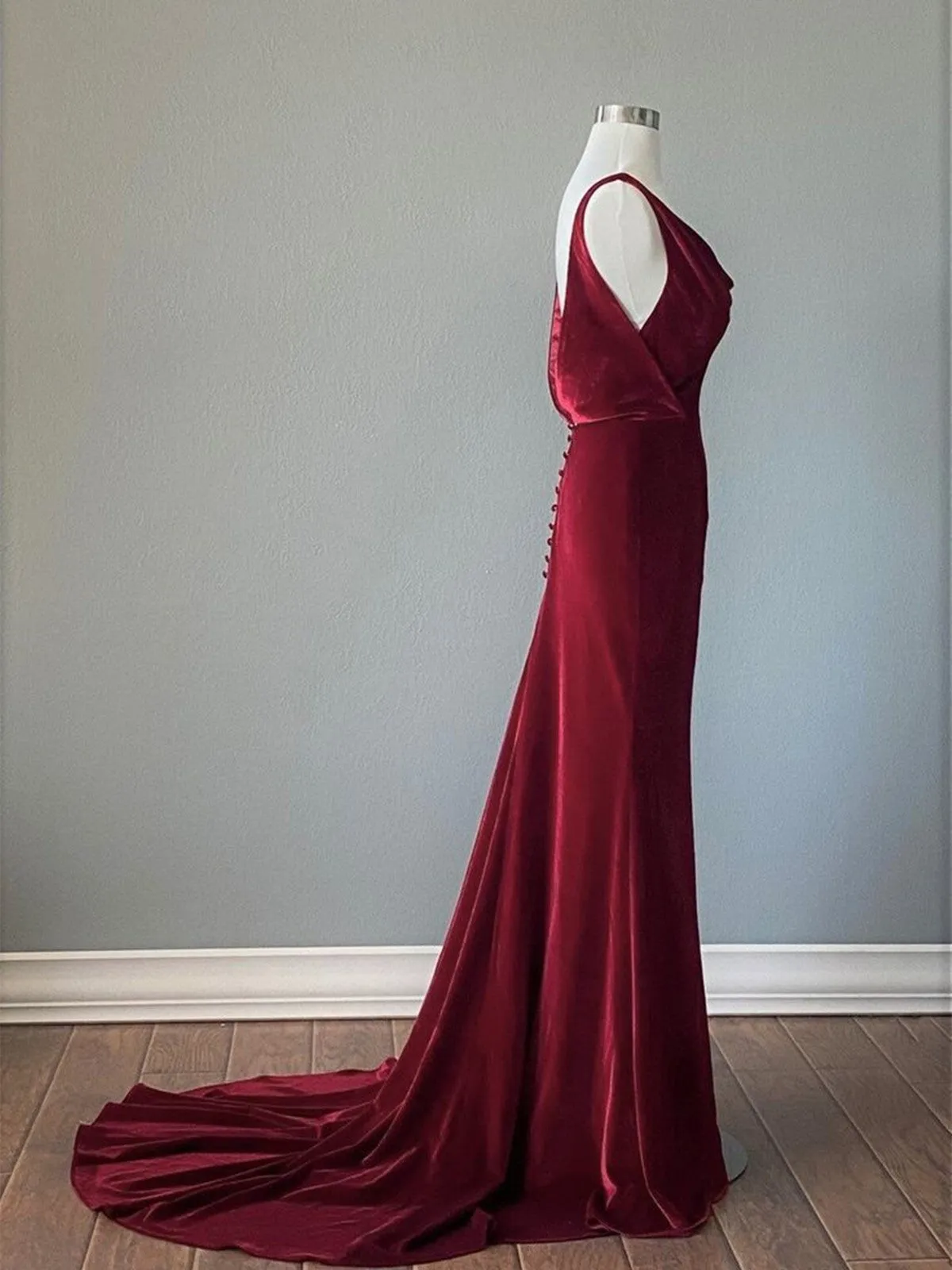 Wine Red Velvet Backless Straps Prom Dress, Wine Red Velvet Party Dress